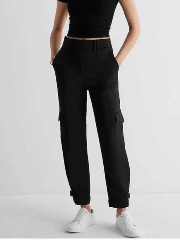 Super High Waisted Black Satin Cargo Ankle Pants